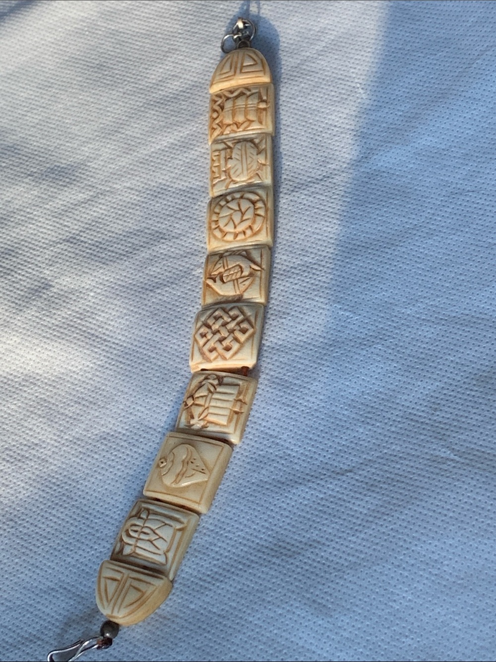 Vintage Buddhist eight auspicious symbols hand carved Yak bone unisex bracelet